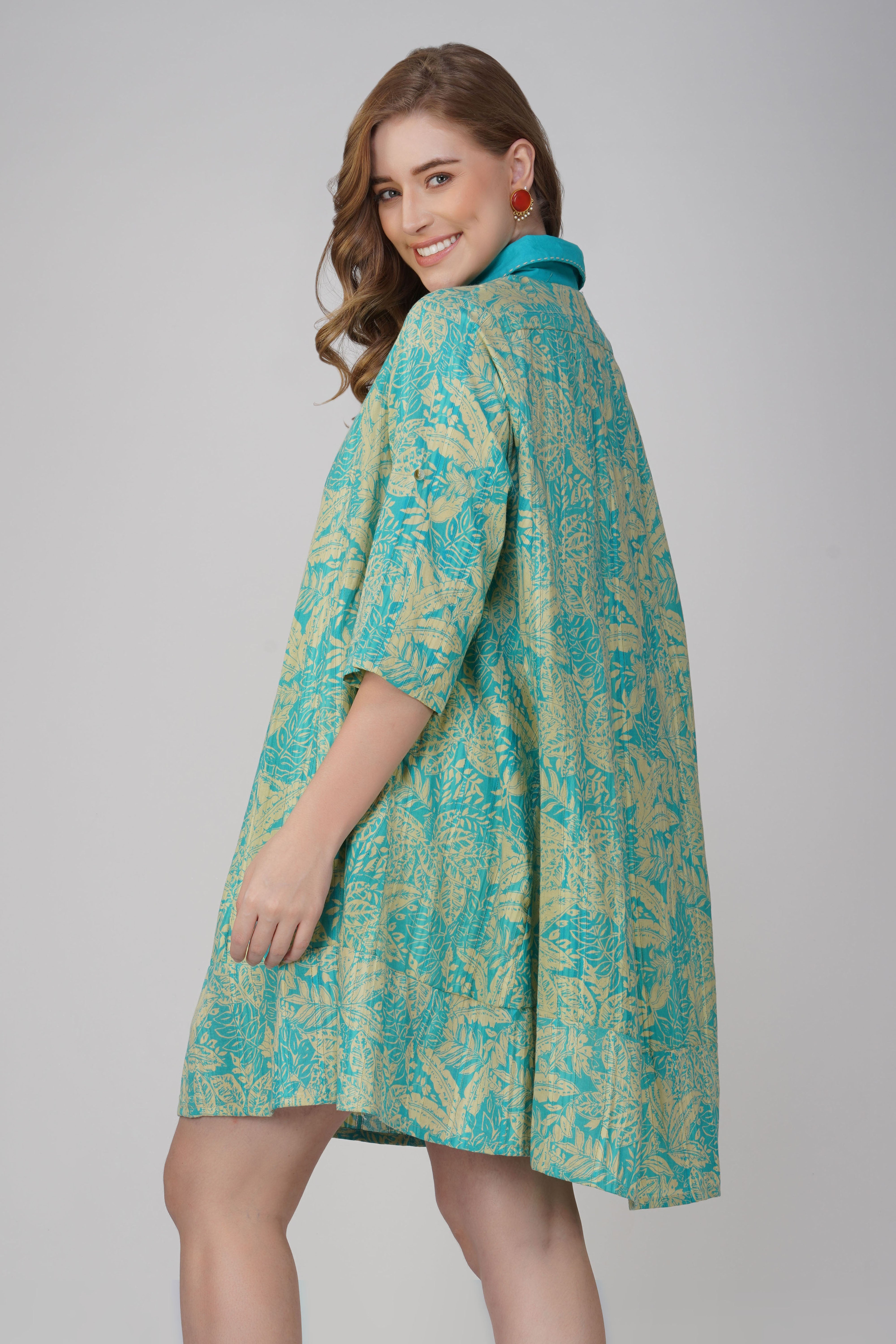 Aqua Hand Block Print Cotton Shirt Dress | Boho Summer Beach Dress – Linen Connections