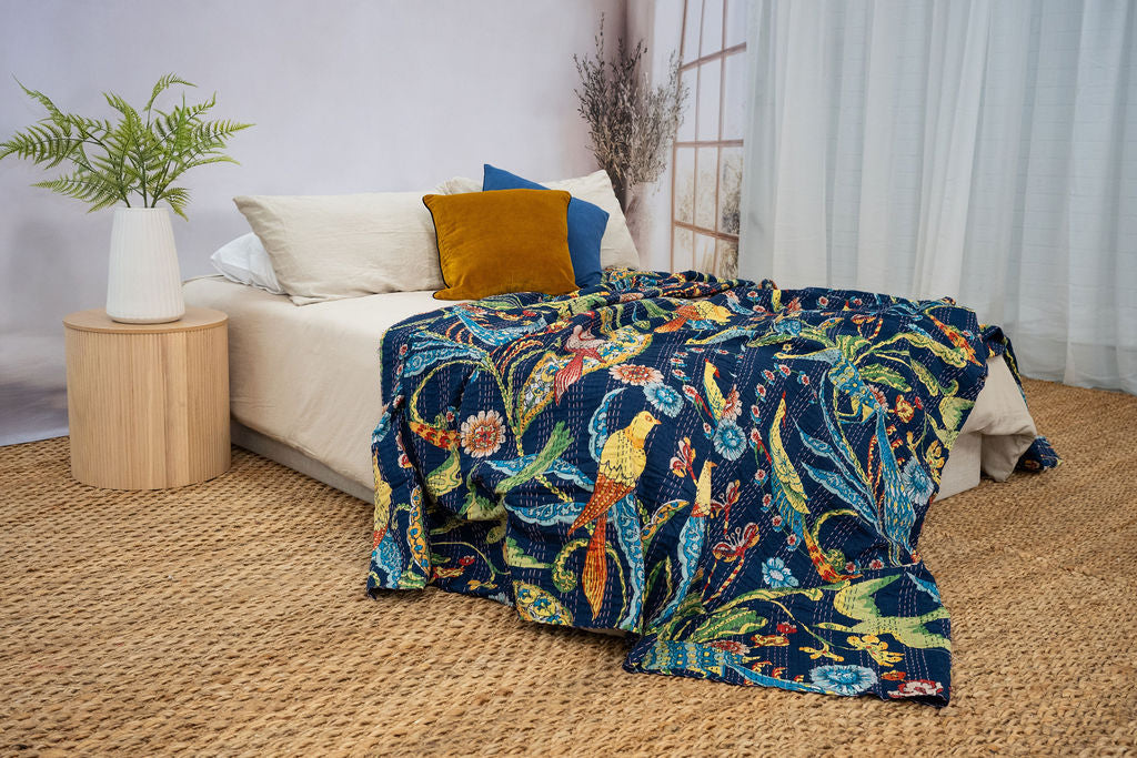 Linen Connections Handmade Indian Kantha Quilt - Navy Hues