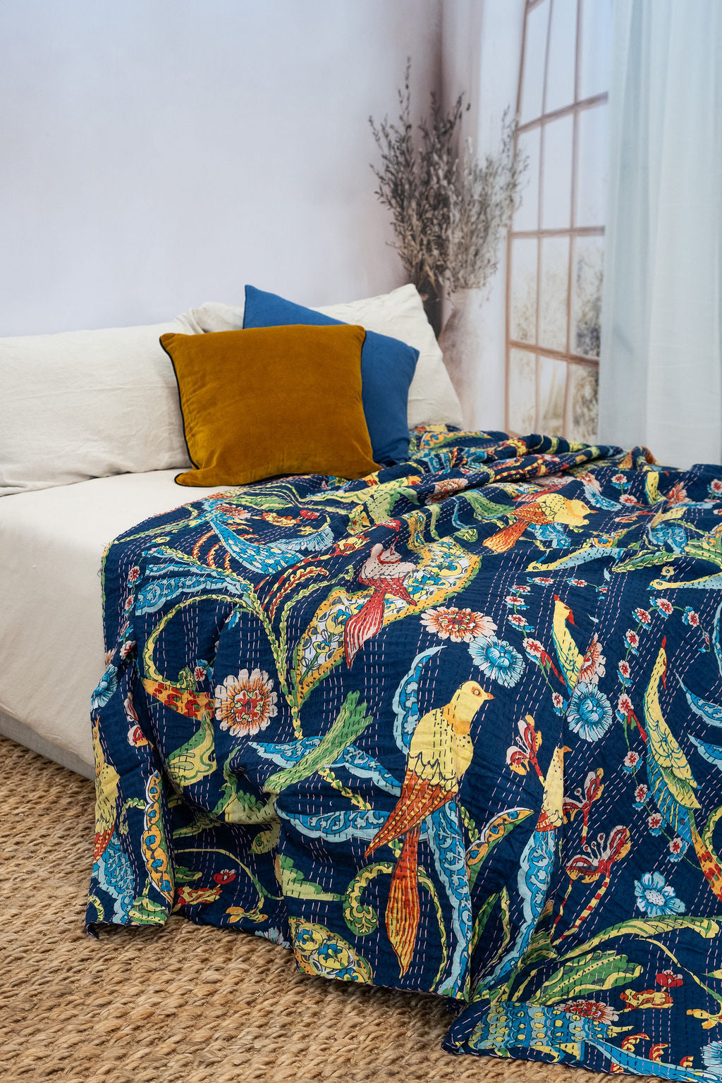 Linen Connections Handmade Indian Kantha Quilt - Navy Hues