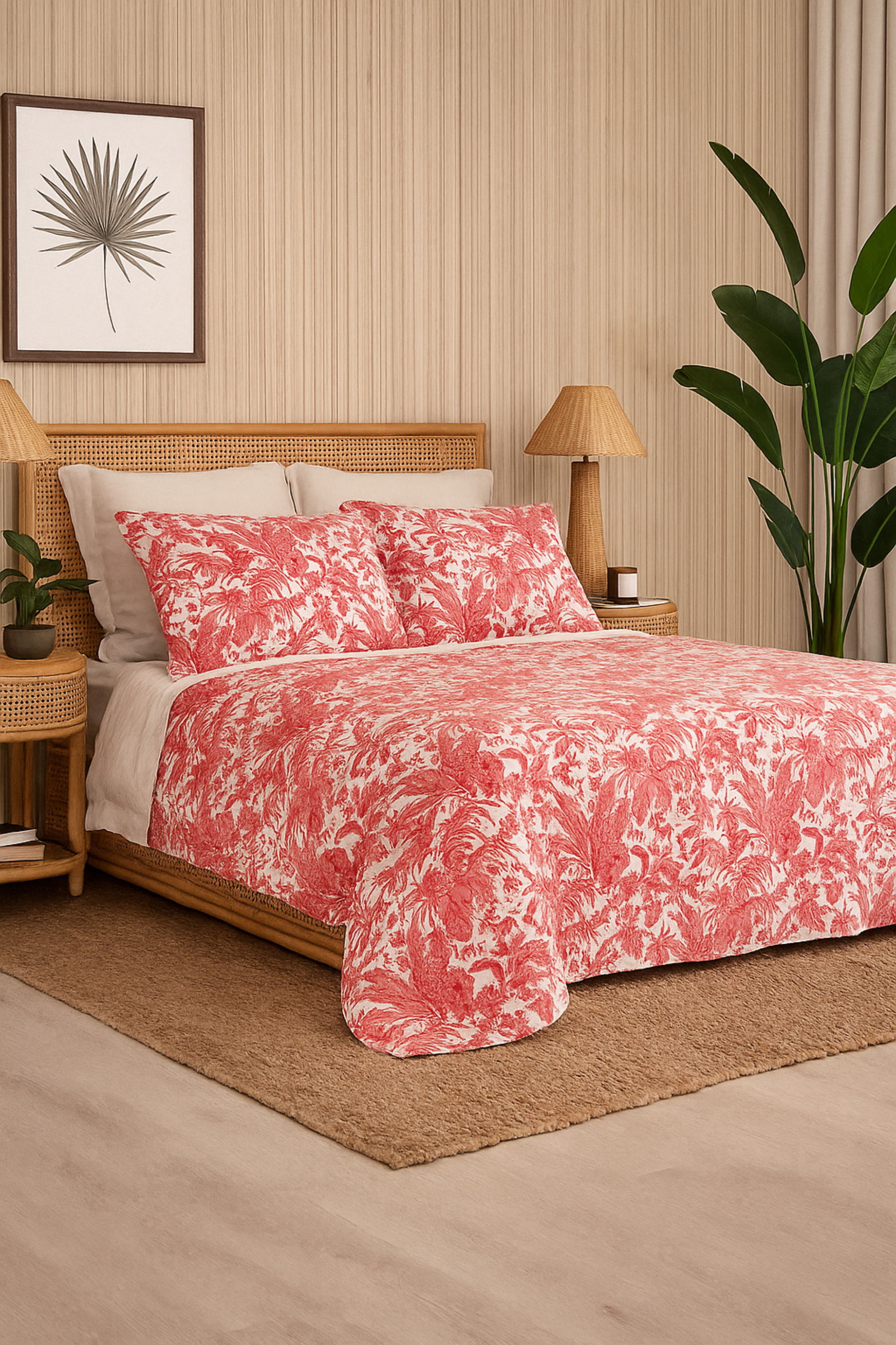Bedroom with pink floral bedding on a bed, framed artwork on the wall, and a plant.