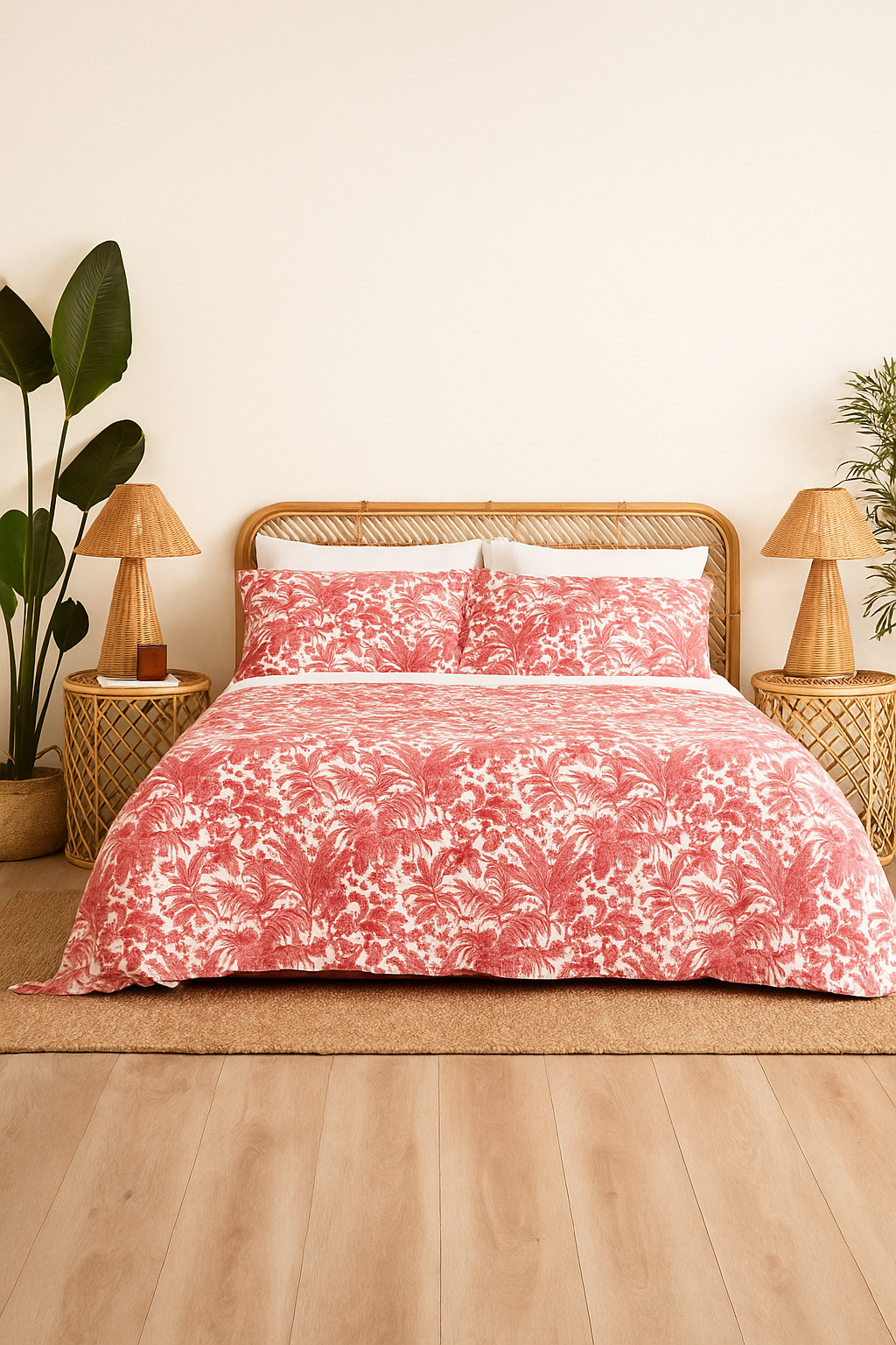 Bed with pink floral bedding in a bedroom setting with lamps and plants.