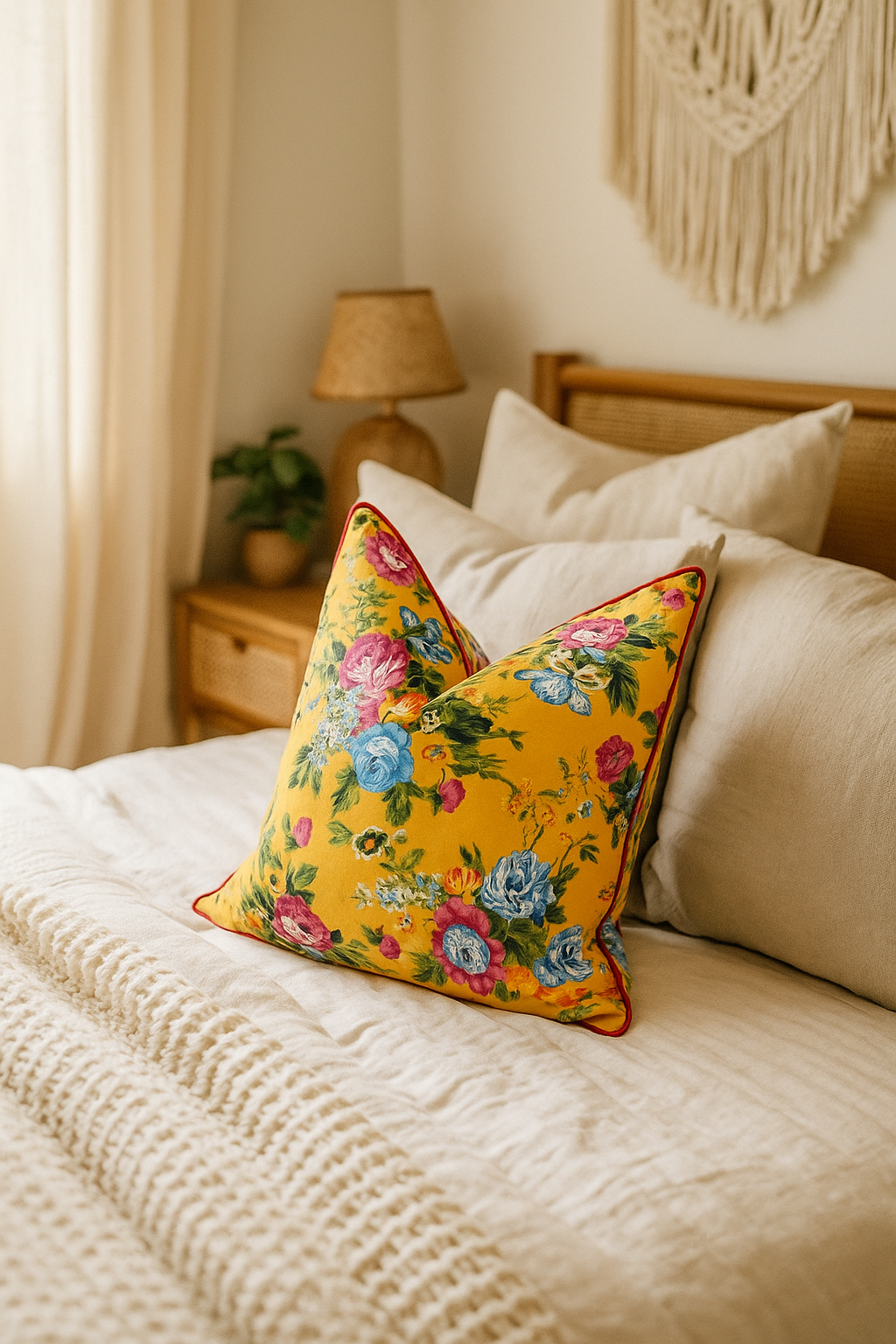 Yellow Floral Cotton Cushion Cover - Handmade | Linen Connections
