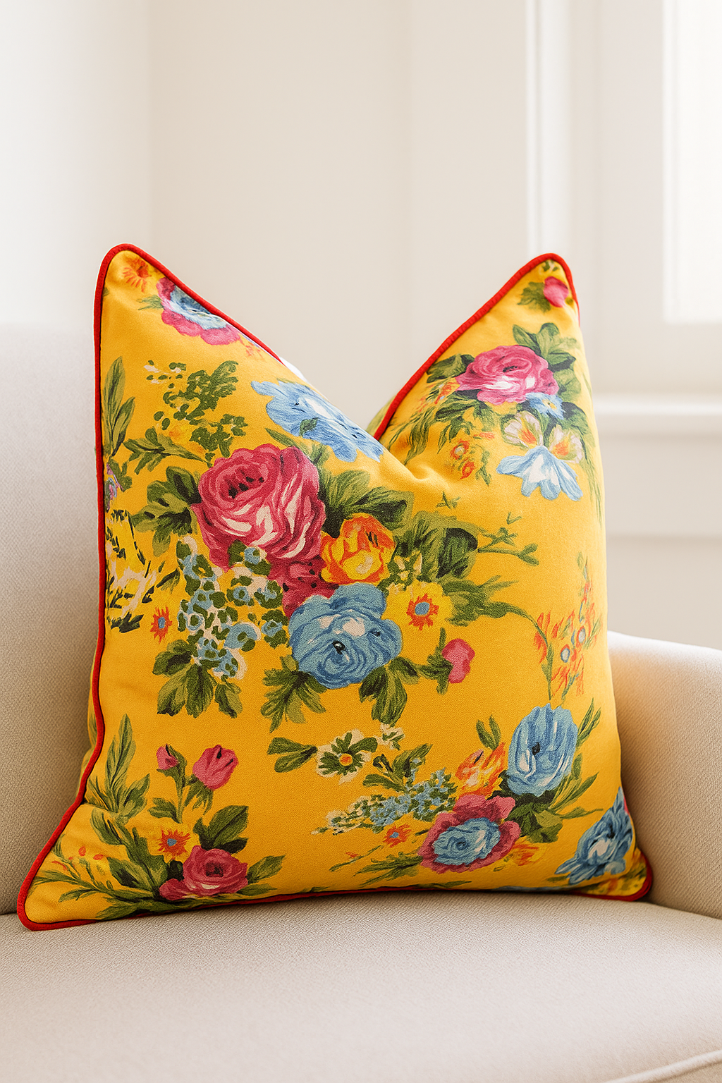 Yellow Floral Cotton Cushion Cover - Handmade | Linen Connections