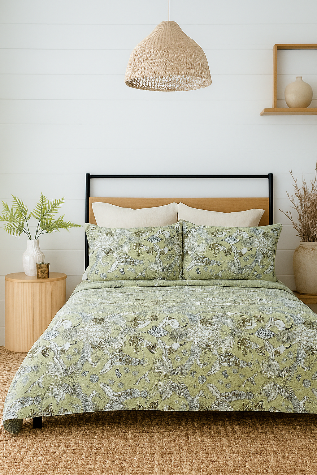 Green Botanical Print Cotton Quilt Set – Hand Screen-Printed, Reversible, Queen/King Size