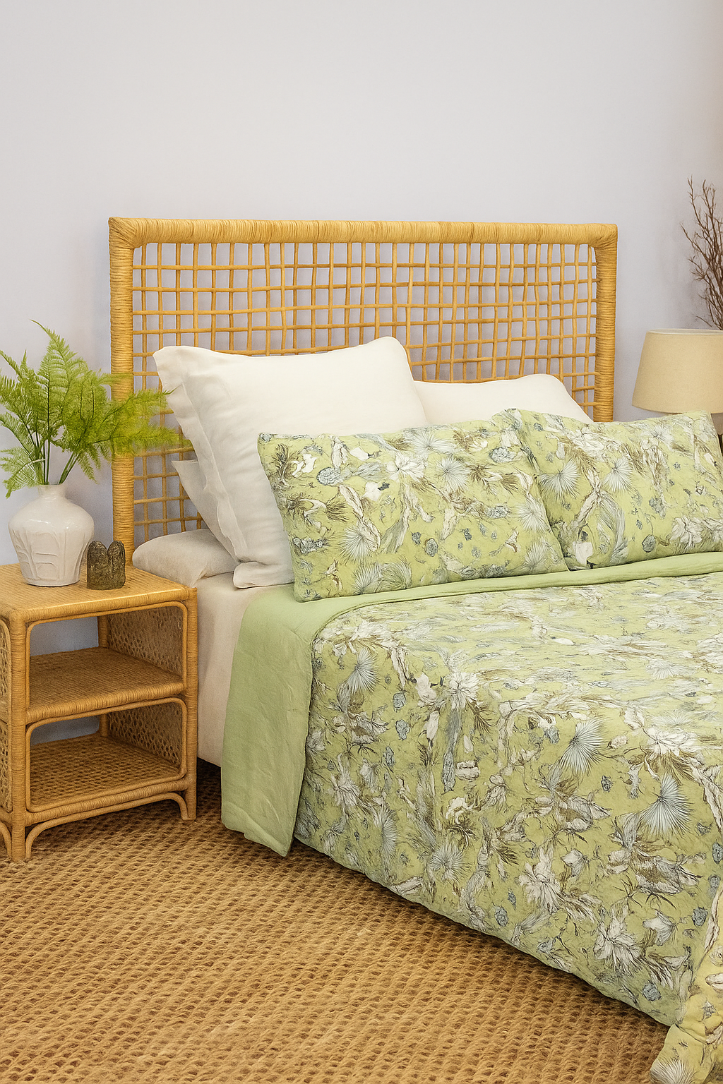 Green Botanical Print Cotton Quilt Set – Hand Screen-Printed, Reversible, Queen/King Size