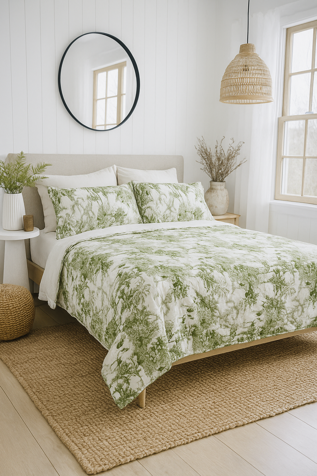 Green Toile Botanical Cotton Quilt Set – Reversible, Queen/King Size by Linen Connections