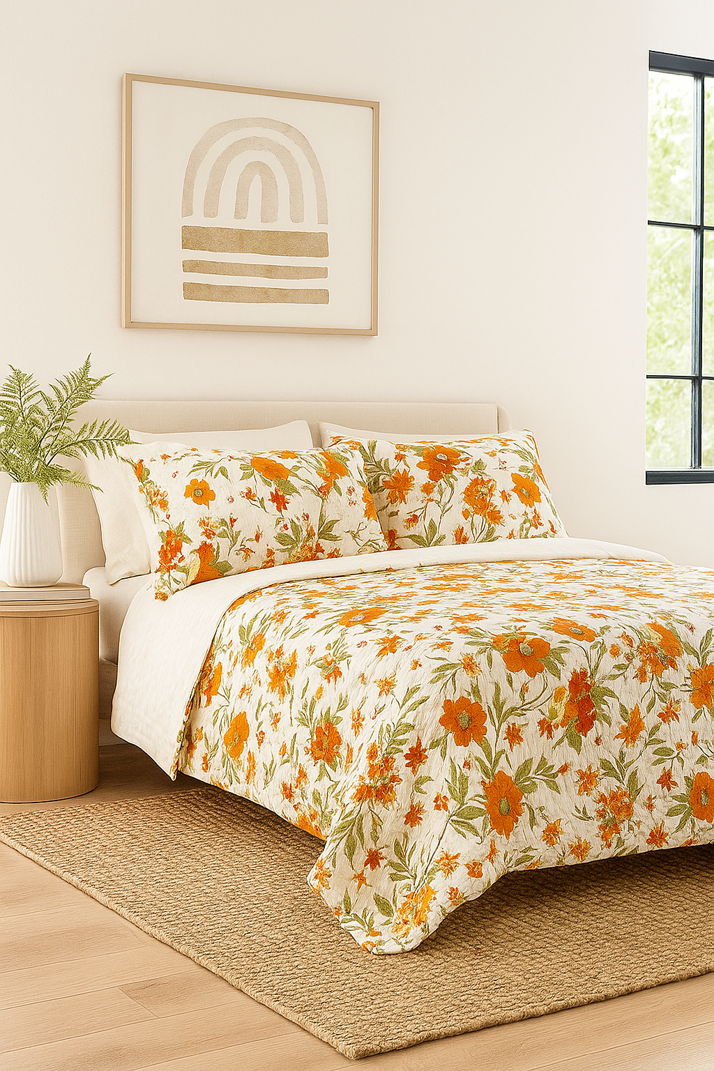 Green floral and bird print cotton quilt set styled on a bed with white backdrop and natural elements.