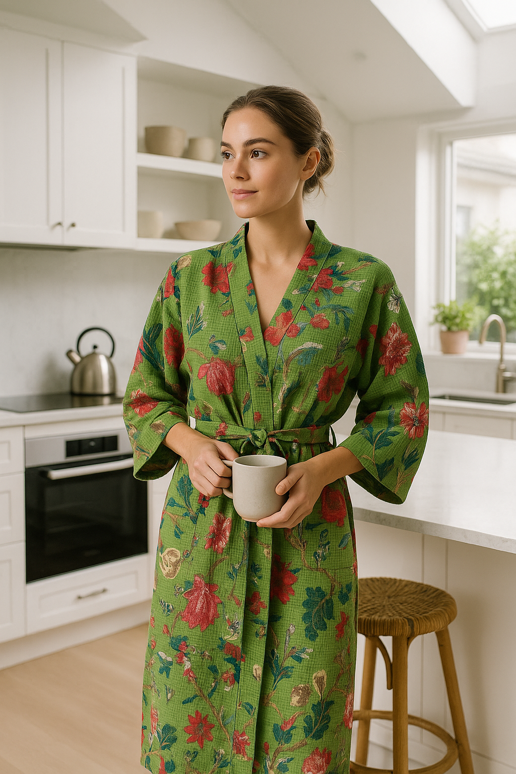 Woman in green floral cotton kimono robe holding a ceramic mug in a bright white modern kitchen with natural light
