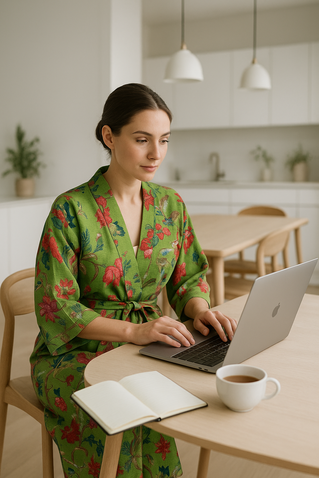 Model wearing floral robe working on a laptop at a wooden dining table with notebook and coffee in minimalist white kitchen