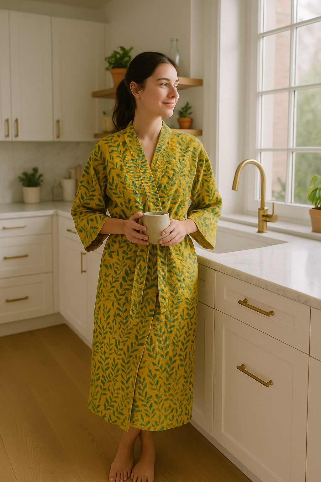 Botanical Yellow Waffle Cotton Kimono Robe – Yellow Leaf