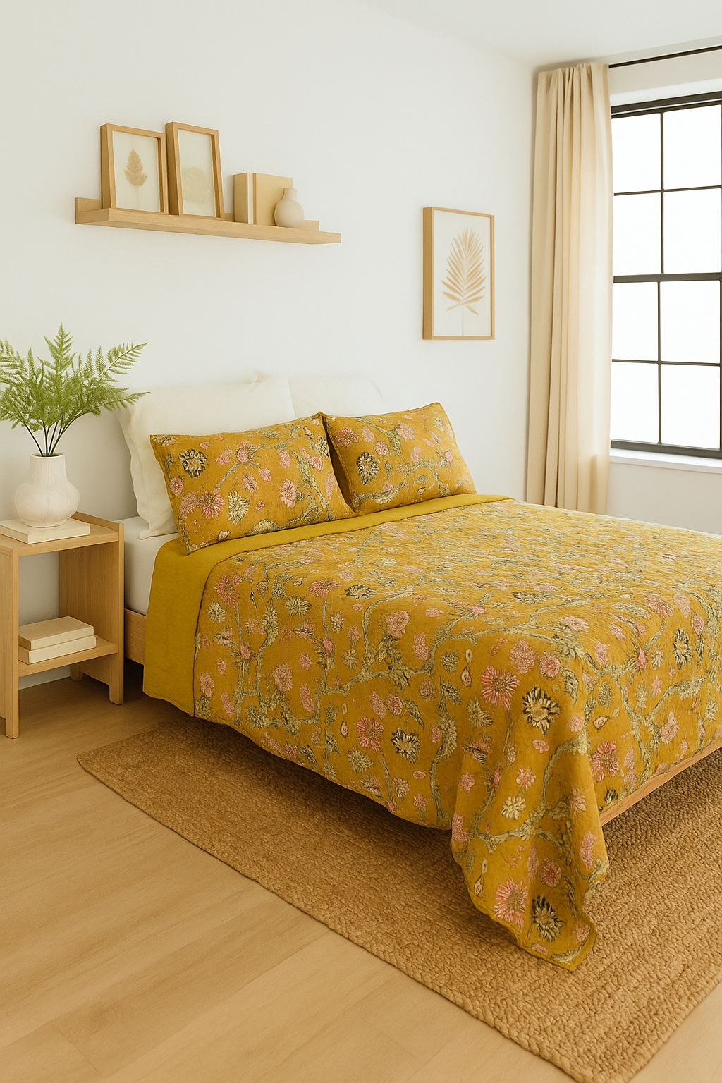 Vintage mustard floral quilt set 210x250cm on bed – cotton boho bedding by Linen Connections