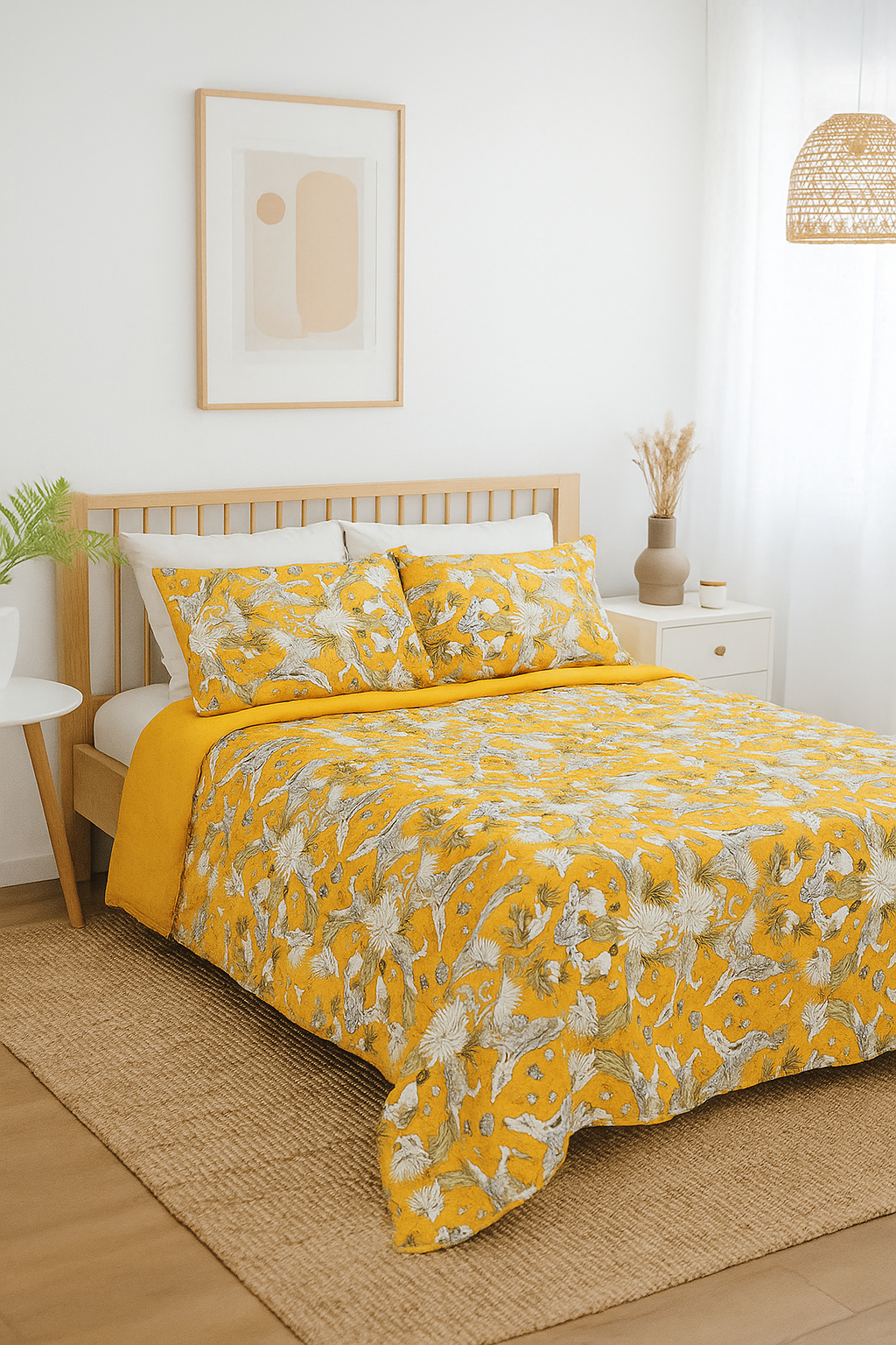 Golden Bloom Bird Print Cotton Quilt Set – 210x250cm | Linen Connections