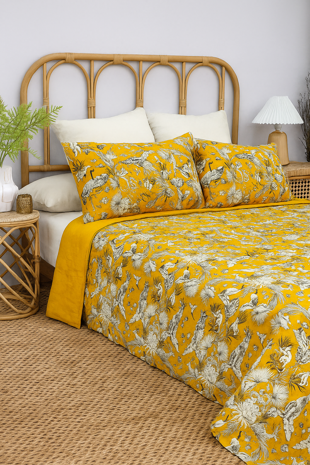 "Golden yellow bird and floral quilt set 210x250cm – cotton bedding by Linen Connections"