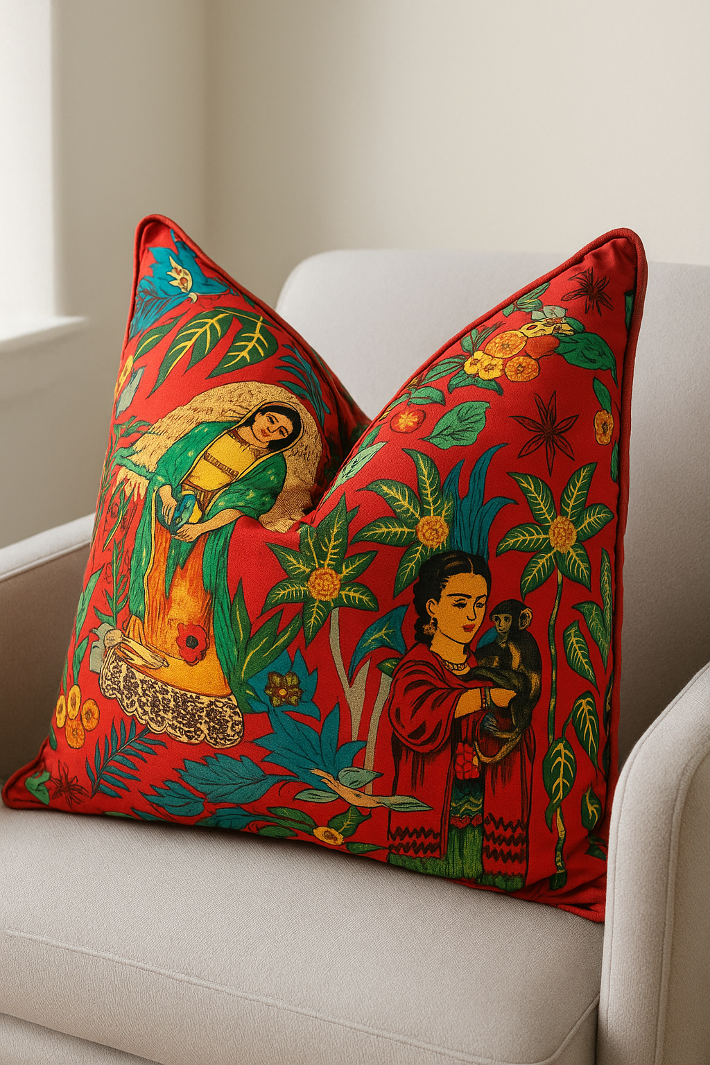 Colorful bohemian cushion featuring Frida Kahlo artwork and tropical motifs on a red cotton fabric, placed on a beige armchair and bed.