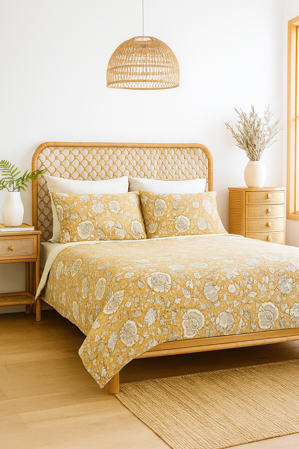 Boho mustard and ivory floral quilt with shams styled in earthy modern bedroom – Linen Connections