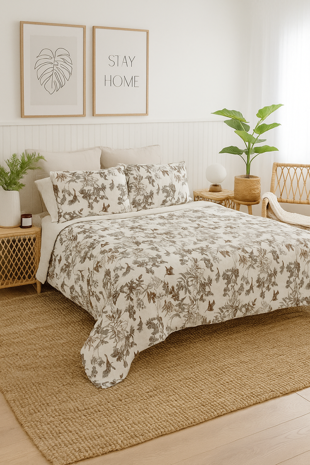 Eucalyptus floral and bird print quilt set in earthy grey-brown tones styled in a minimal natural bedroom.