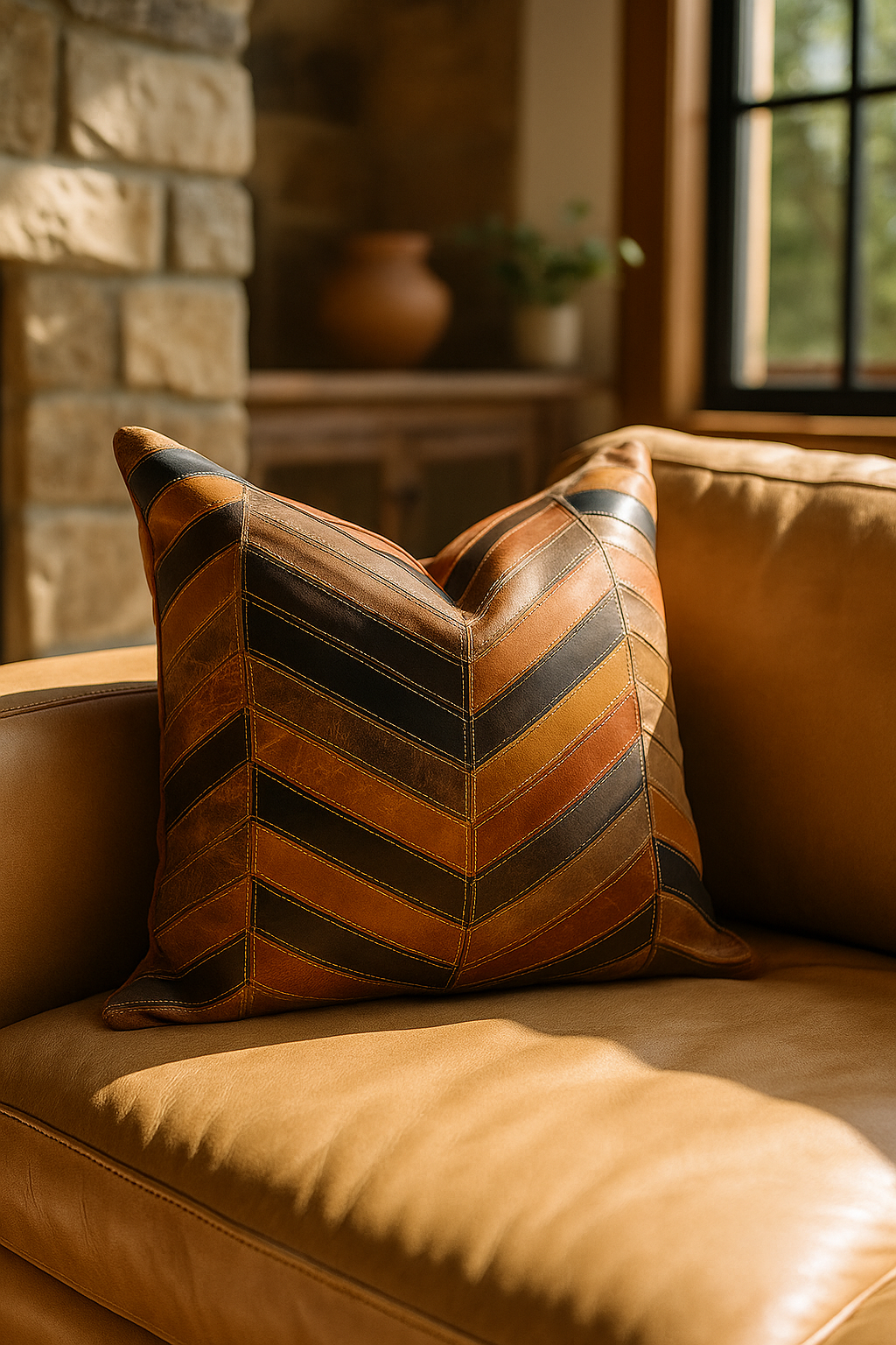 Chevron Patch Leather Cushion - Textured Art