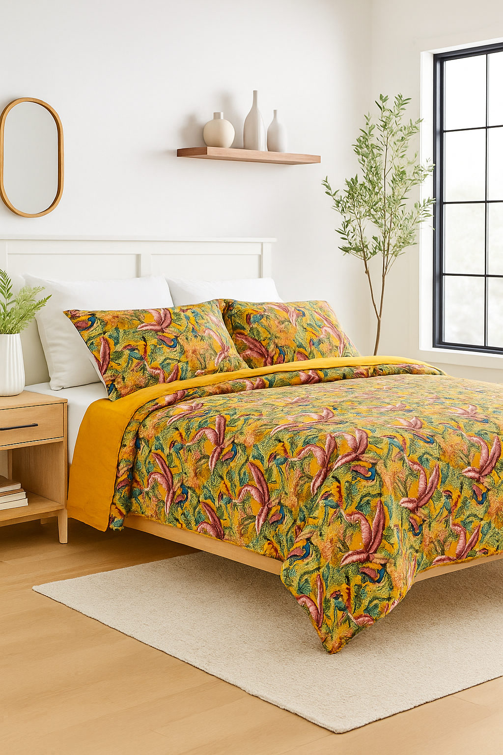 Vibrant tropical quilt set with birds of paradise and bold foliage print in orange, green, and yellow tones styled on a Queen bed.