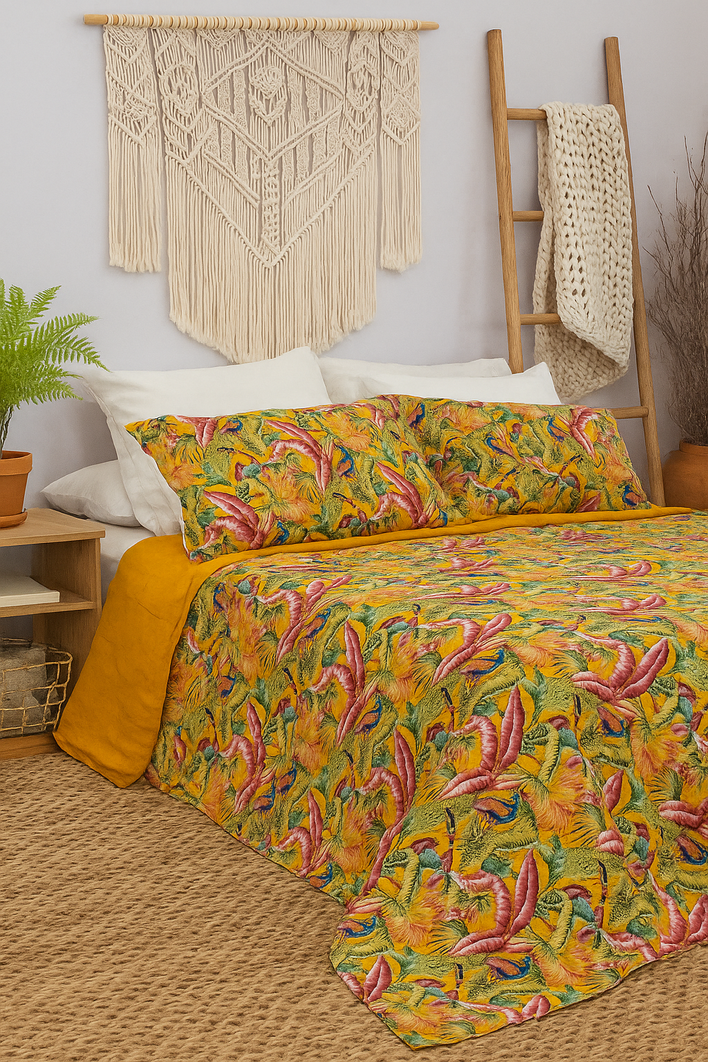 Tropical Paradise Cotton Quilt Set – Birds of Paradise in Sunset Hues | 210x250cm