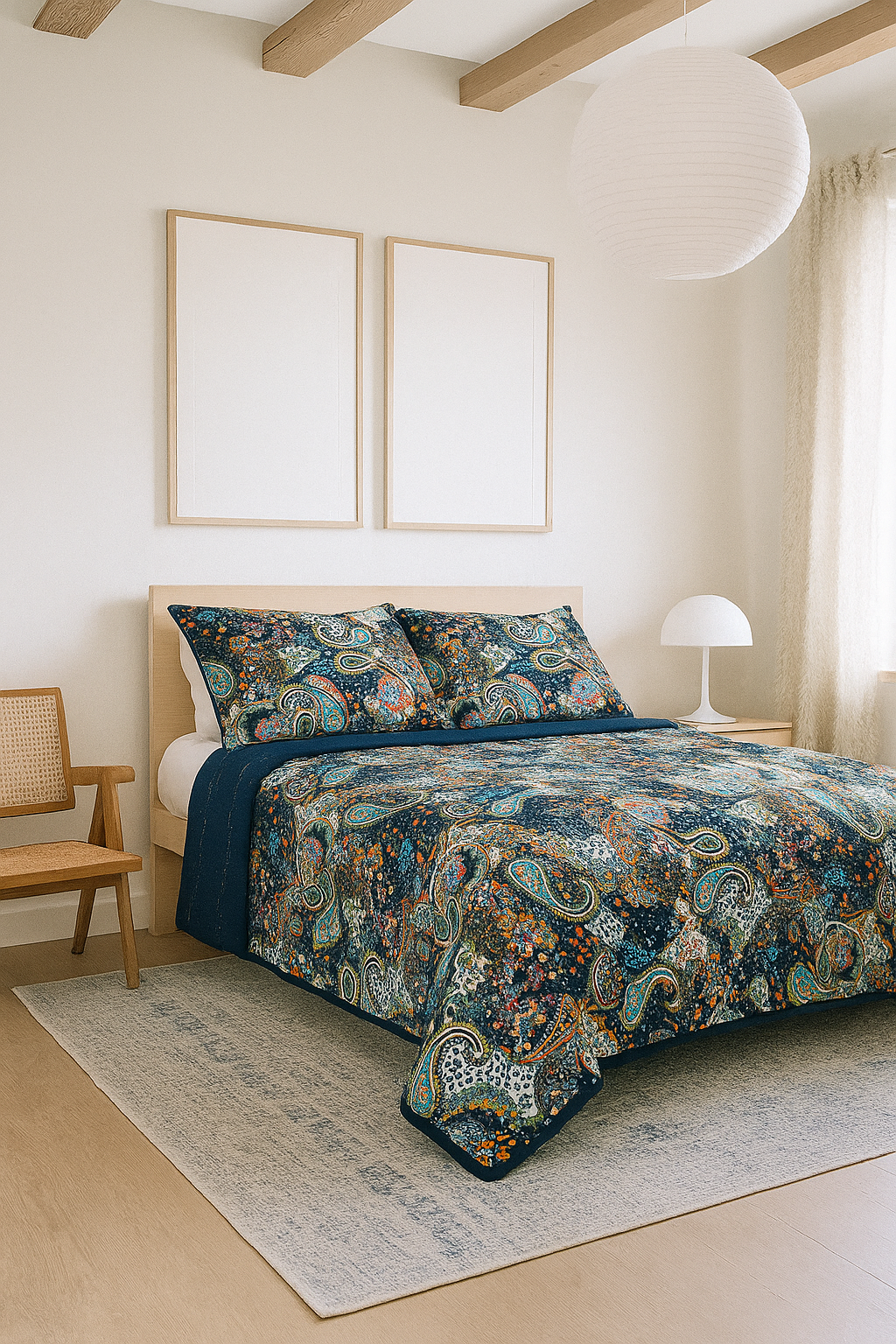 Boho-style paisley quilt set in vibrant jewel tones on navy, styled on a Queen bed with matching pillow covers.