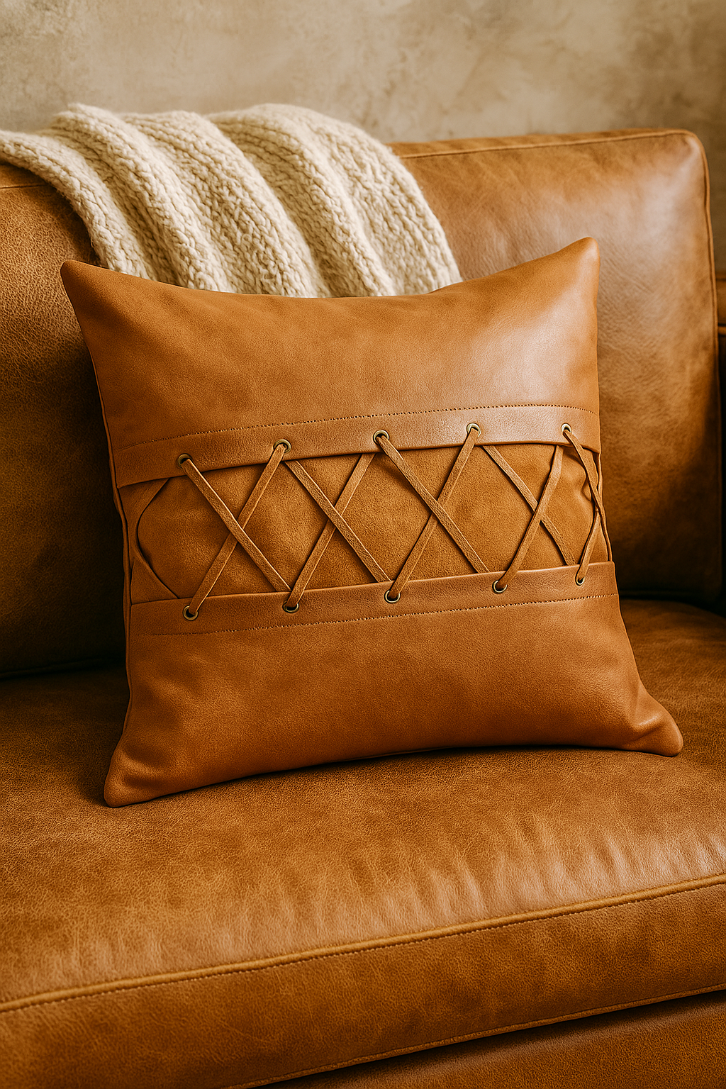 Tan Leather Cushion with Lacing - Artisanal Warmth