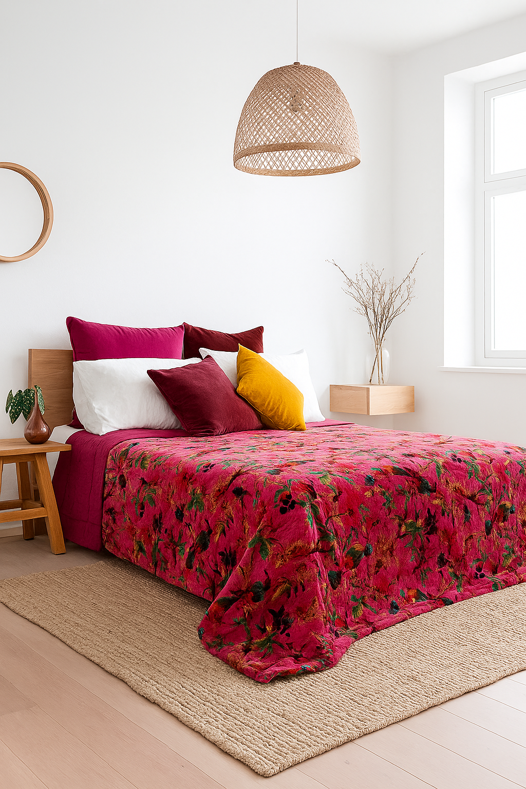 Fuchsia velvet quilt with rich floral print styled on a bed with velvet cushions in a boho bedroom setting.