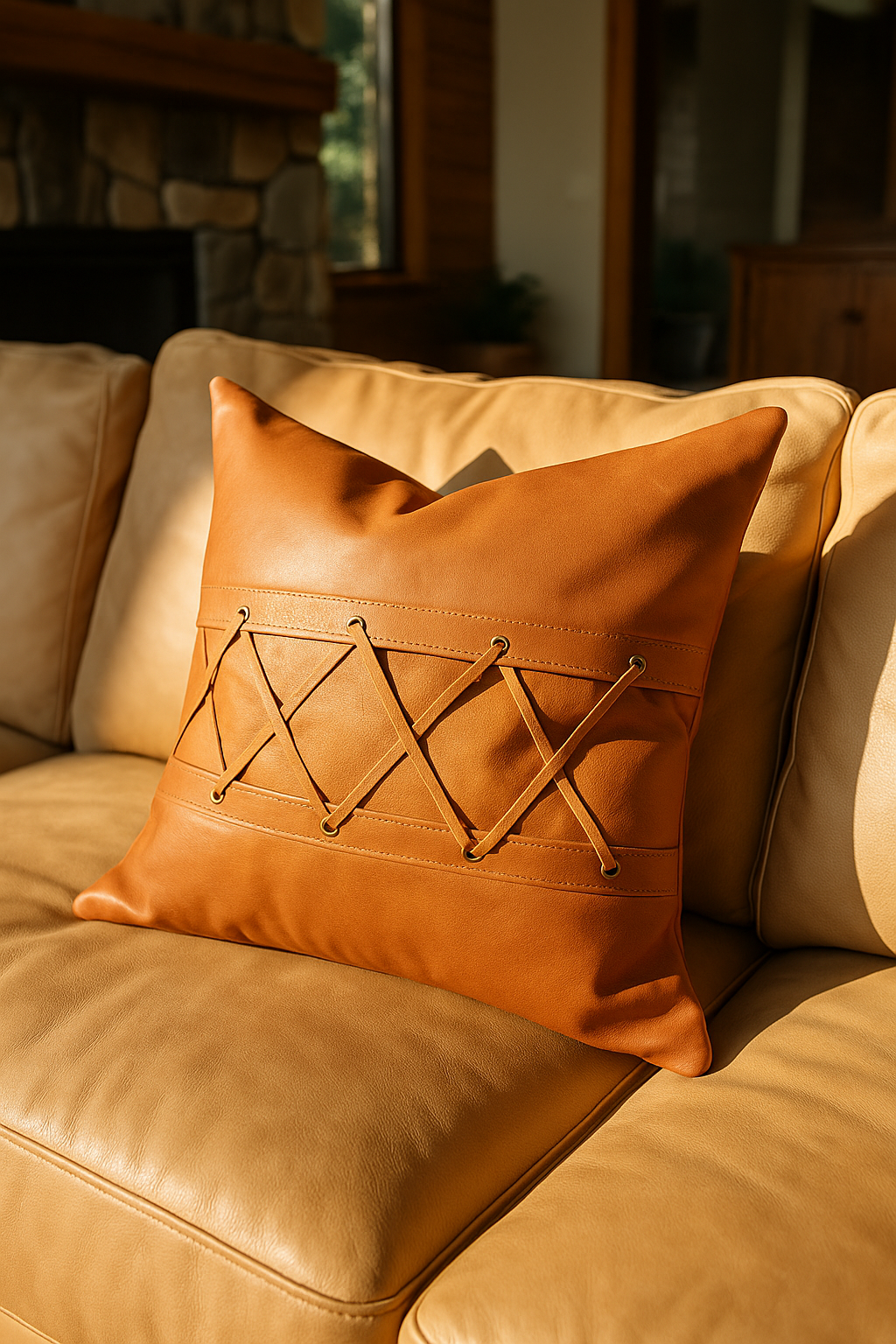 Tan Leather Cushion with Lacing - Artisanal Warmth
