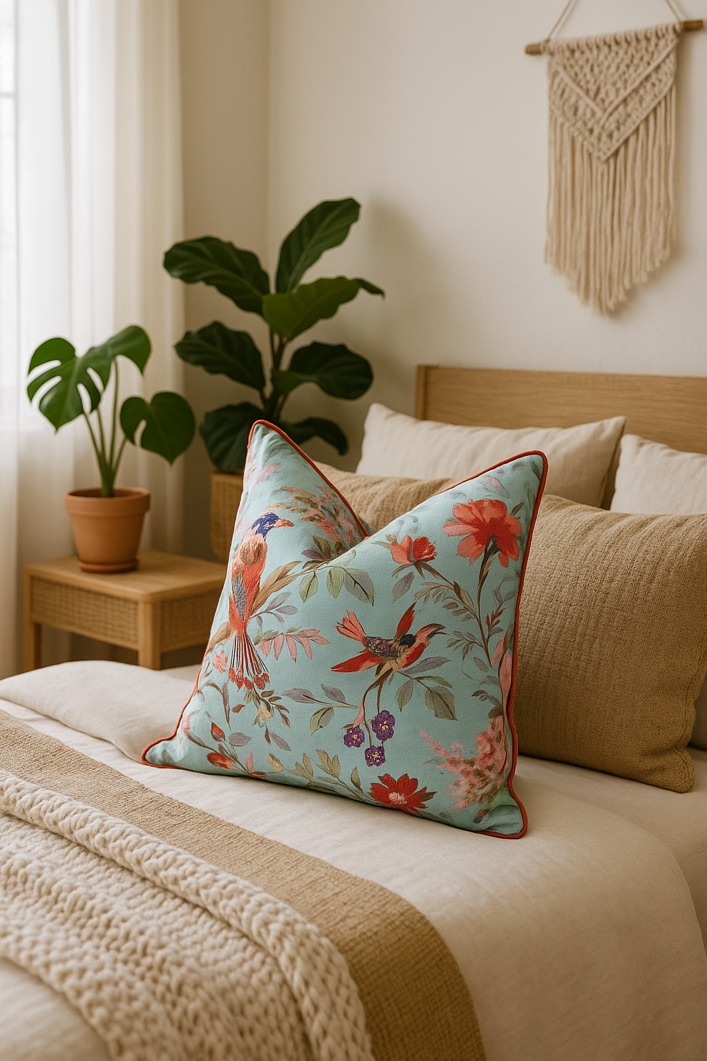 'Winged Bliss' 100% Cotton Cushion Cover - Blue Bird