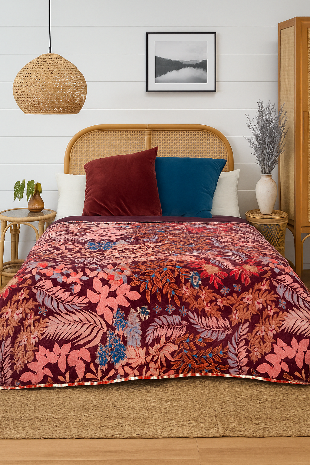 Luxury Cotton Velvet Embroidered Quilt – Autumn Garden in Rust & Wine