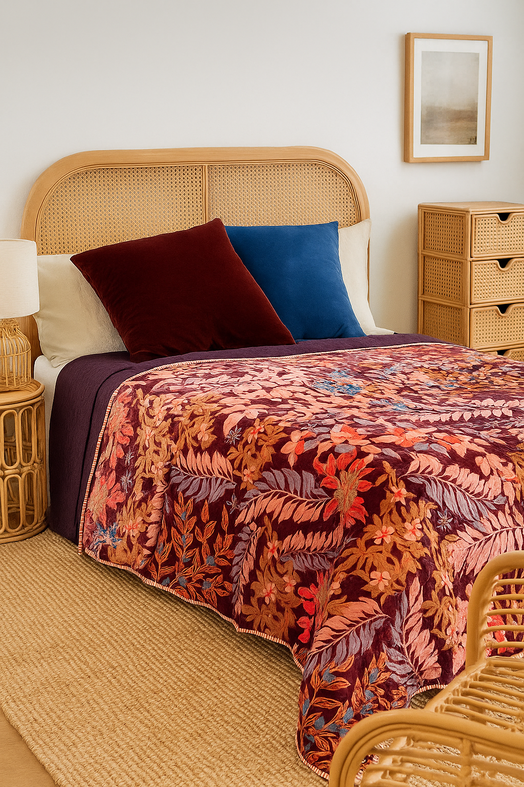 Autumn Garden quilt styled with velvet cushions in bedroom