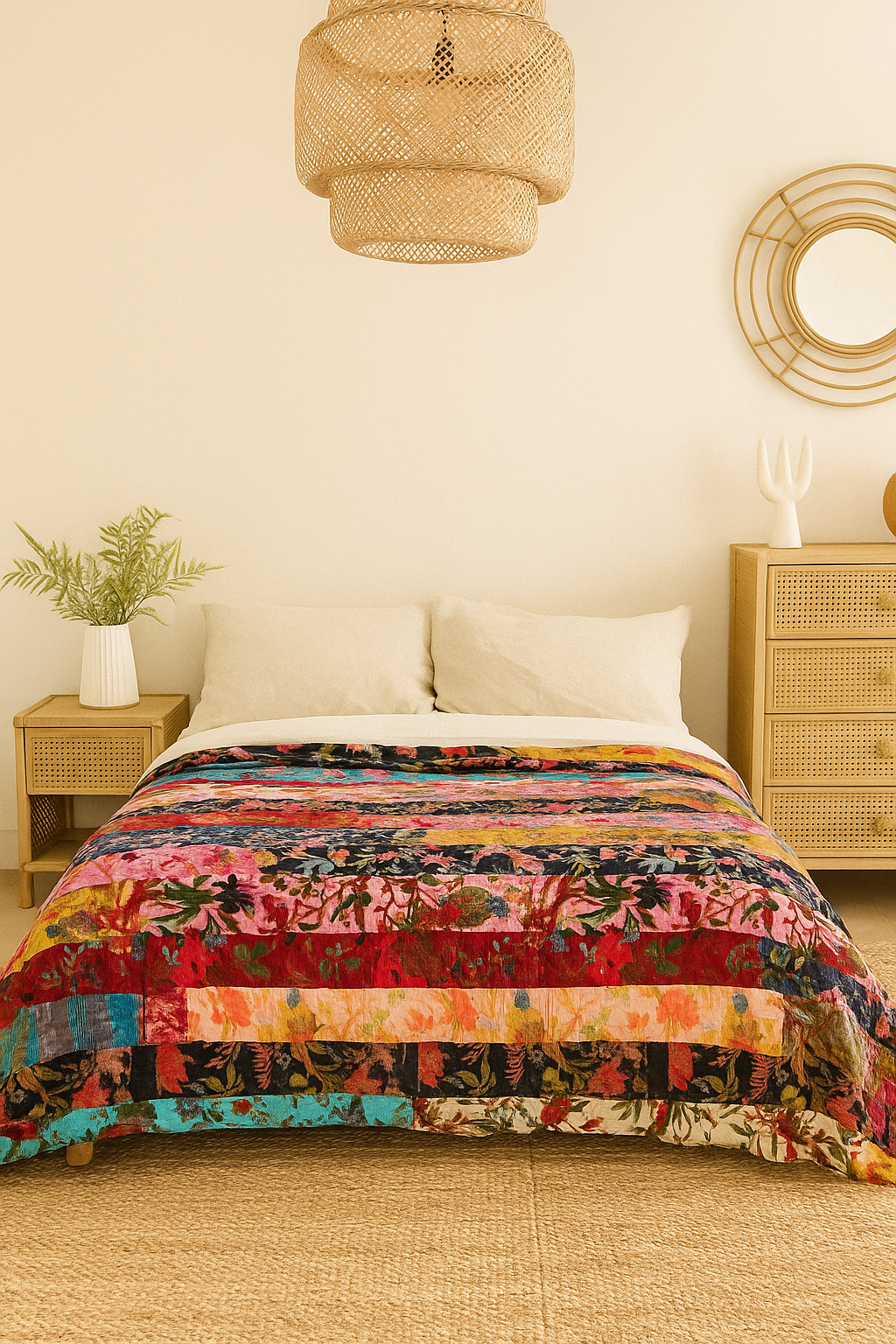 Luxury Patchwork Velvet Quilt – Unique, Upcycled Bohemian Bedding