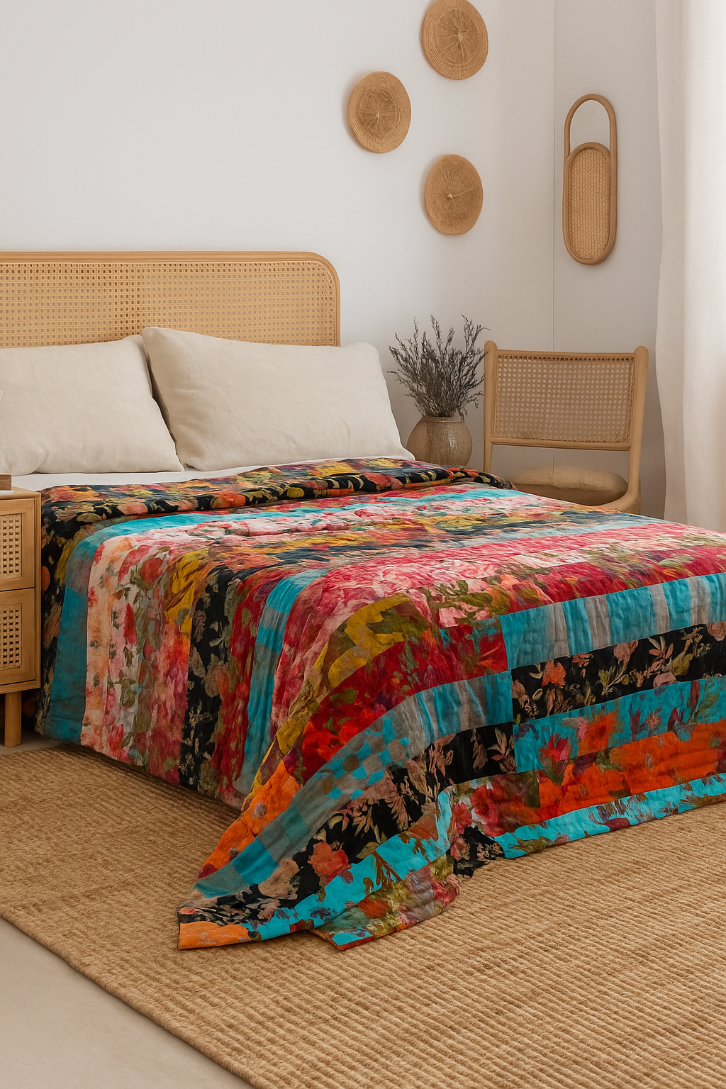 Handcrafted patchwork velvet quilt in multi-colour bohemian design, made from upcycled leftover fabric – unique and sustainable.