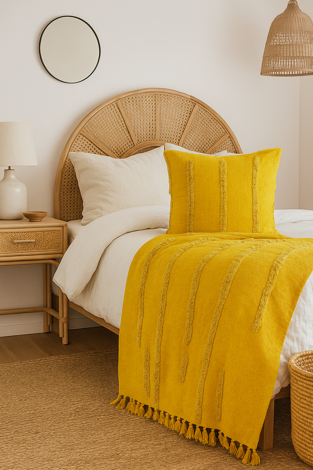 Golden Mustard Textured Cotton Throw – 125×175 cm | Handwoven Boho Blanket