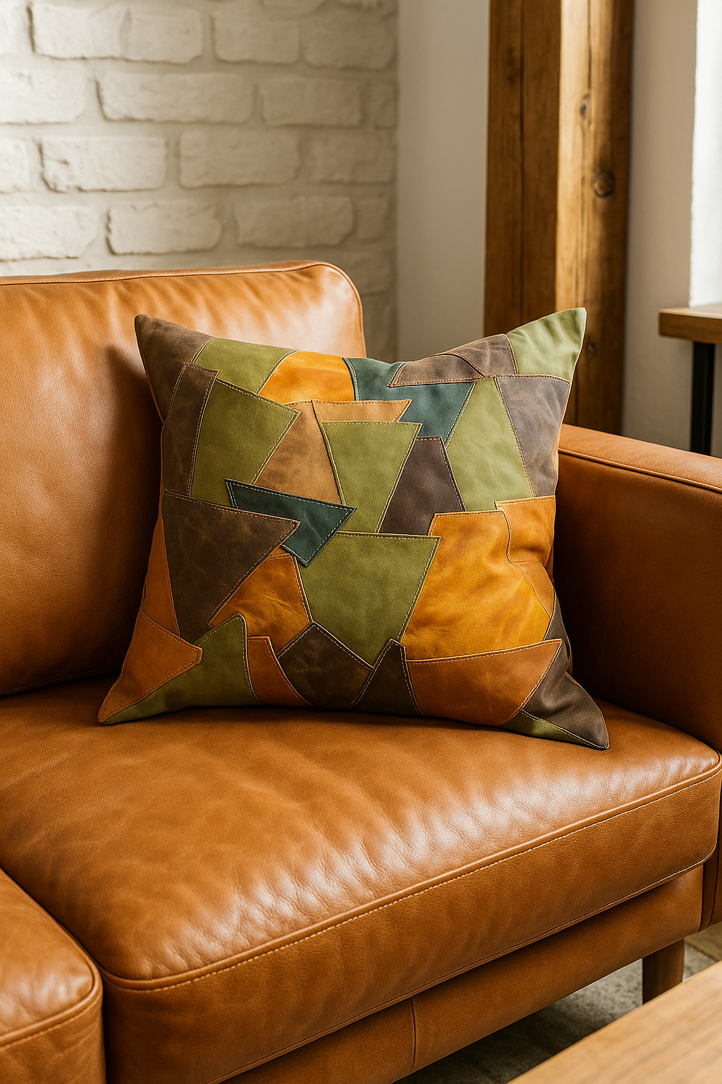 Rustic Patchwork Leather Cushion Cover - Handmade Earth Tone | 60x60cm