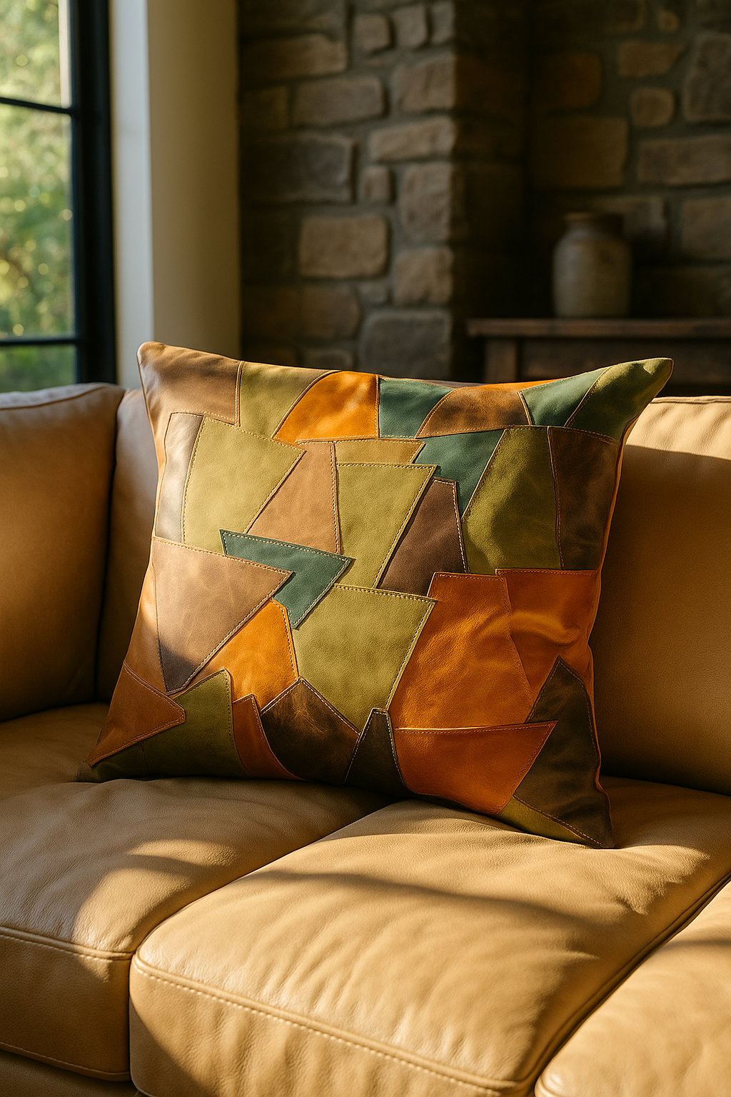 Rustic Patchwork Leather Cushion Cover - Handmade Earth Tone | 60x60cm