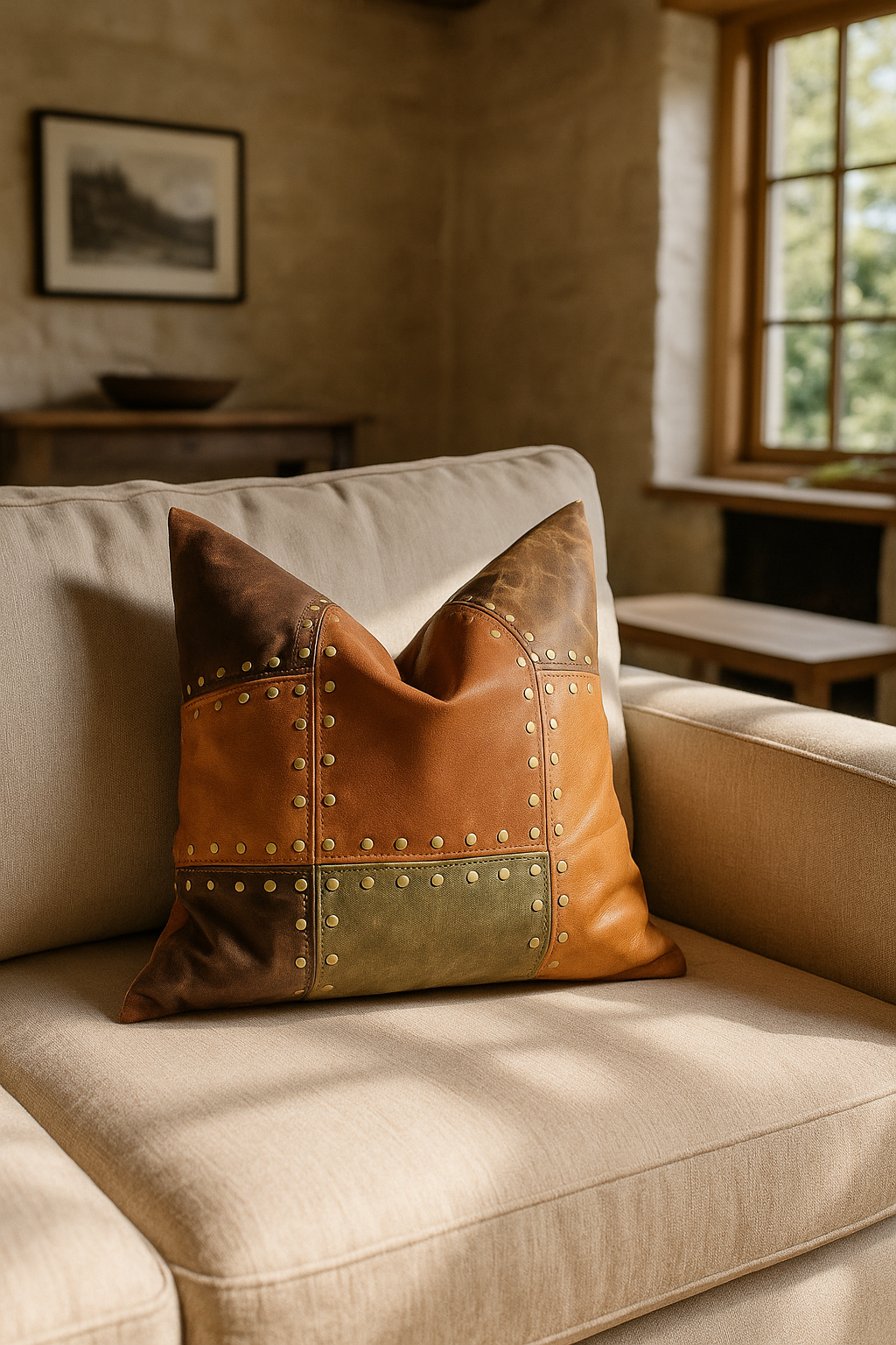 Handcrafted Leather Cushion Cover - Rustic Tan & Olive Patchwork | Linen Connections