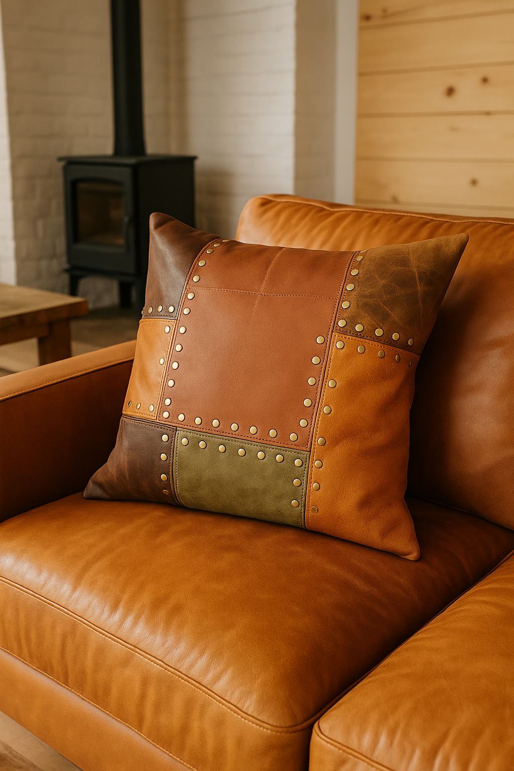 Handcrafted Leather Cushion Cover - Rustic Tan & Olive Patchwork | Linen Connections