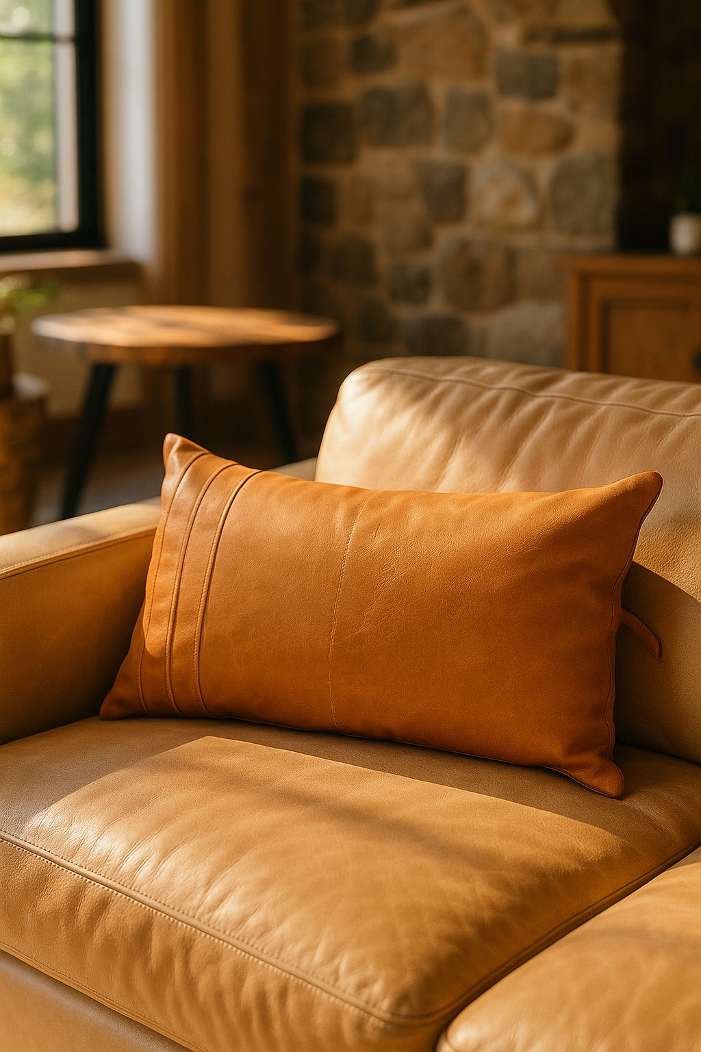 Tan Leather Lumbar Cushion – Handcrafted Boho Accent Pillow | Linen Connections