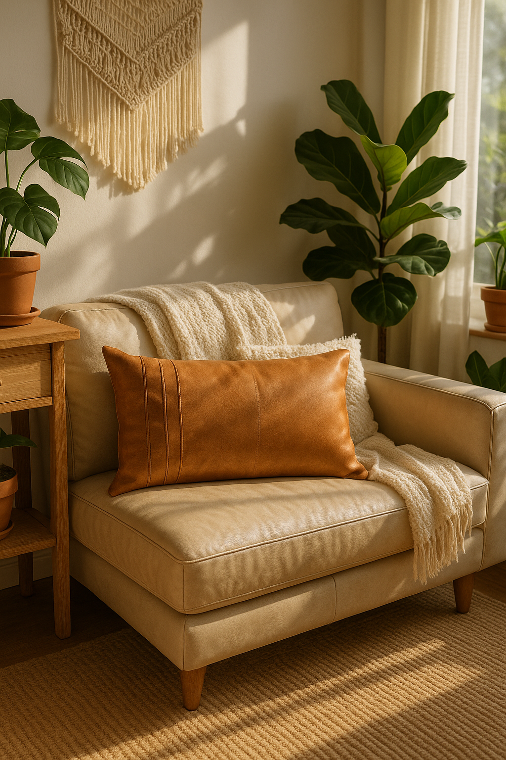 Tan Leather Lumbar Cushion – Handcrafted Boho Accent Pillow | Linen Connections