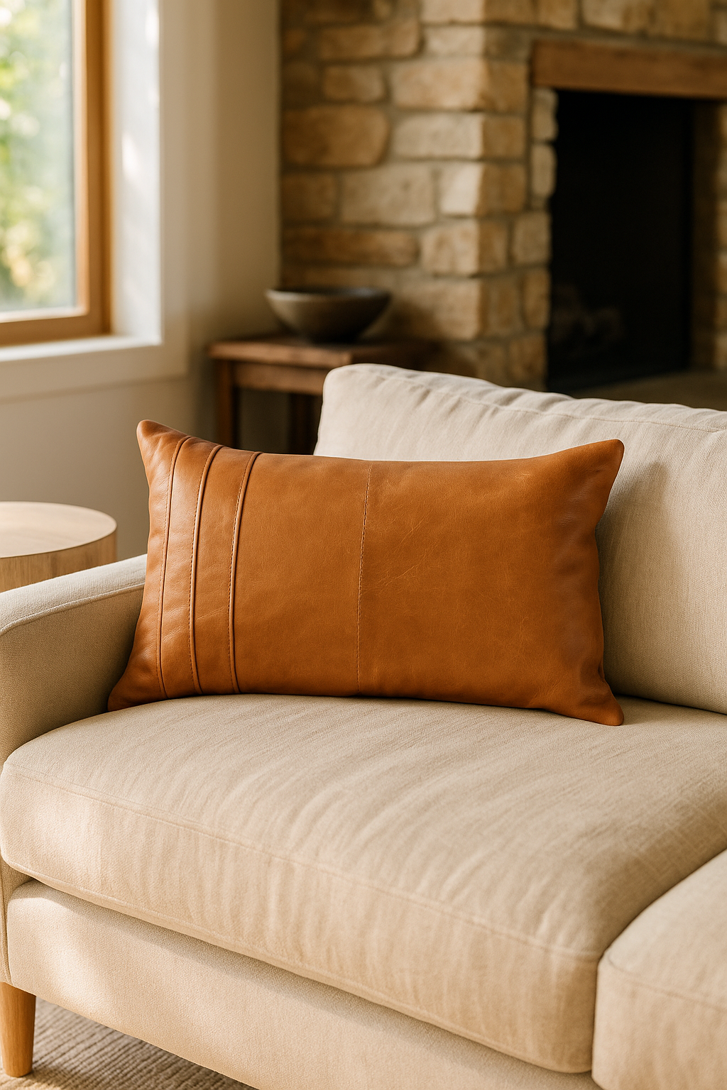 Tan Leather Lumbar Cushion – Handcrafted Boho Accent Pillow | Linen Connections