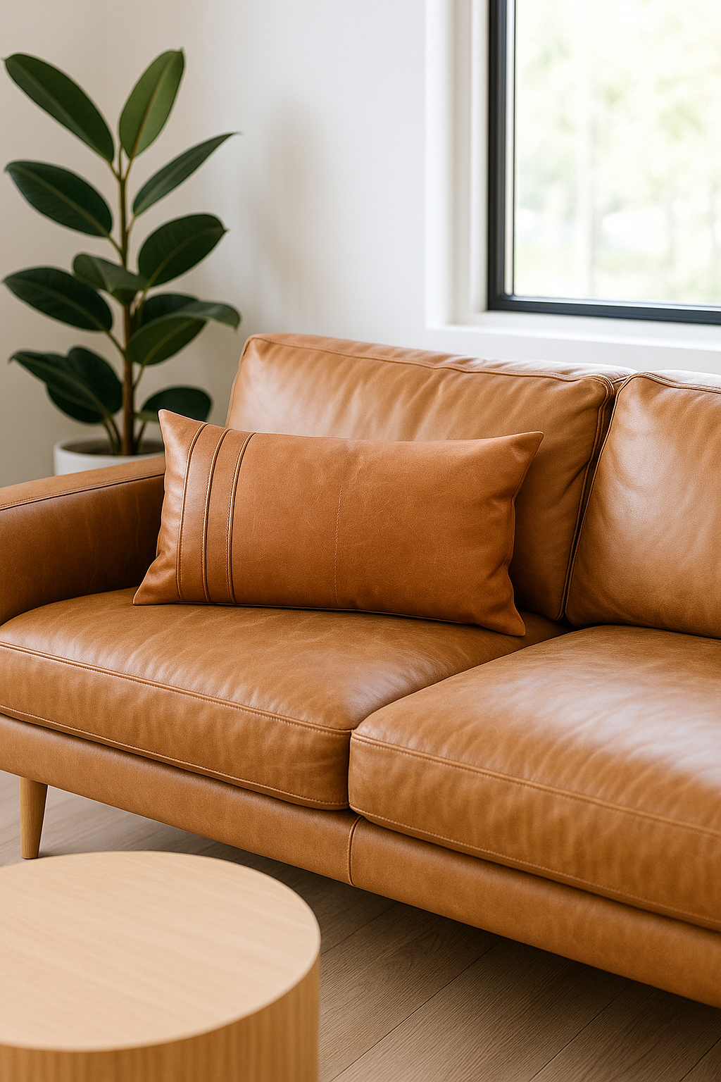 Tan Leather Lumbar Cushion – Handcrafted Boho Accent Pillow | Linen Connections