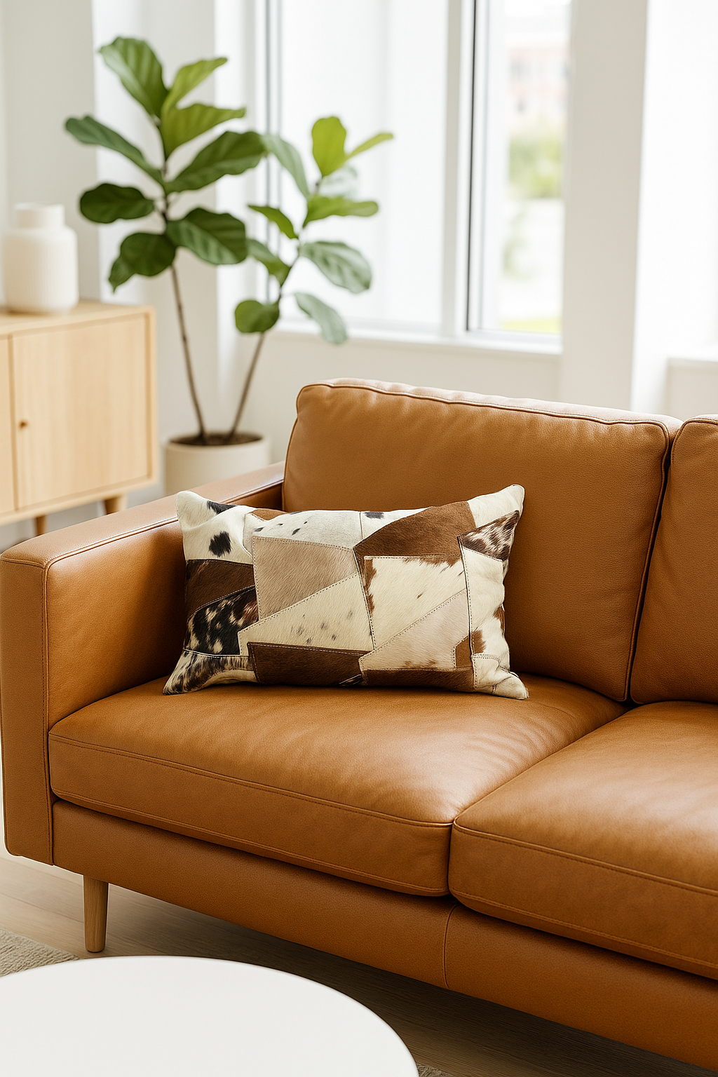 Lumbar Cowhide Cushion - Rustic Patchwork Leather Style