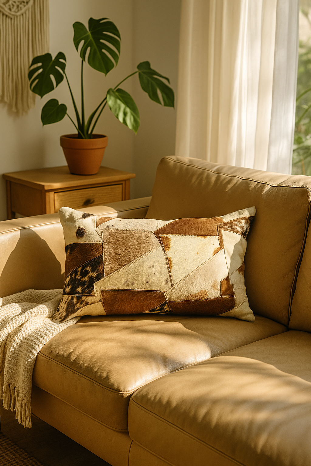 Lumbar Cowhide Cushion - Rustic Patchwork Leather Style