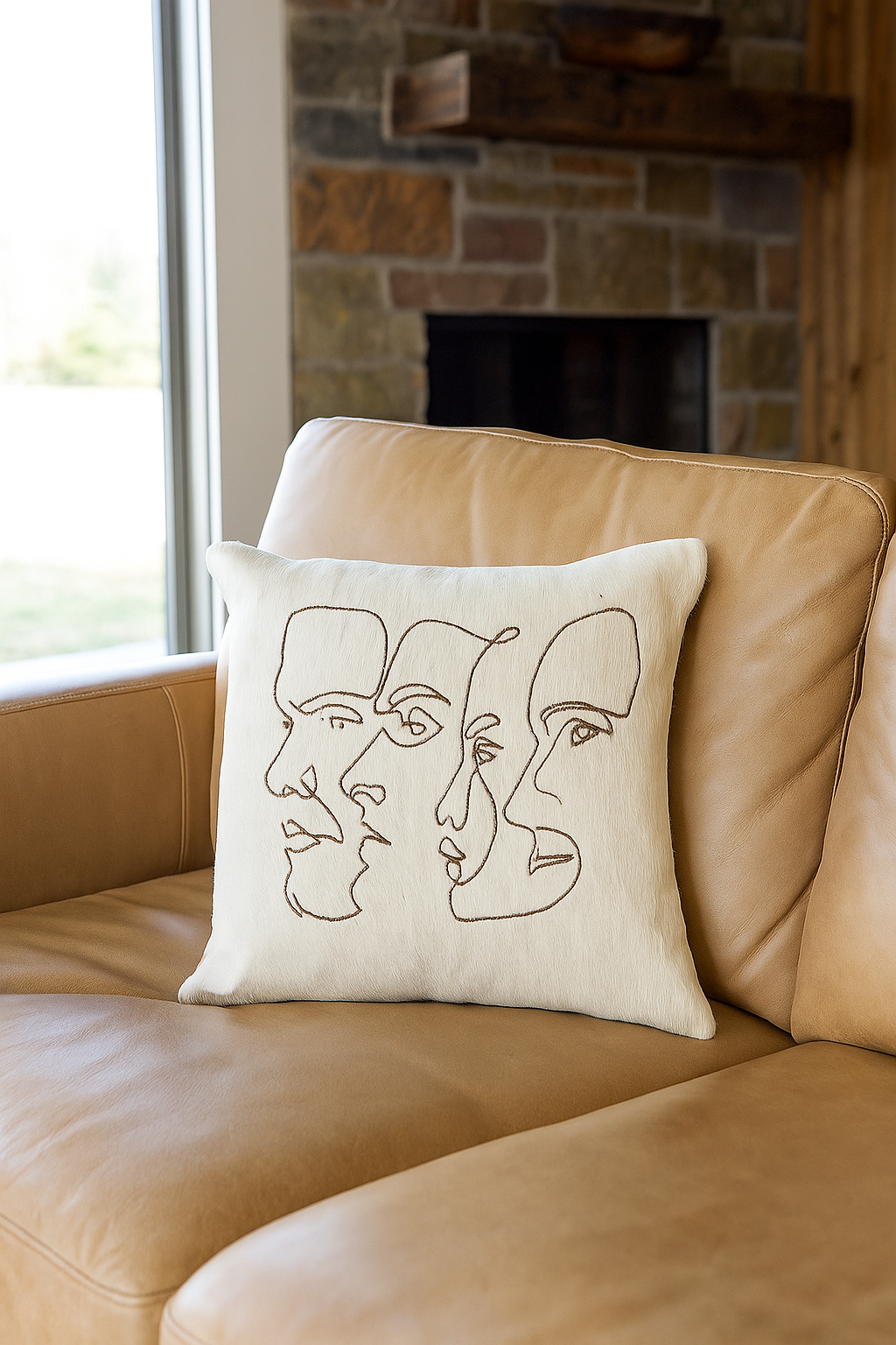 Abstract Face Cowhide Leather Cushion - Handmade Cover