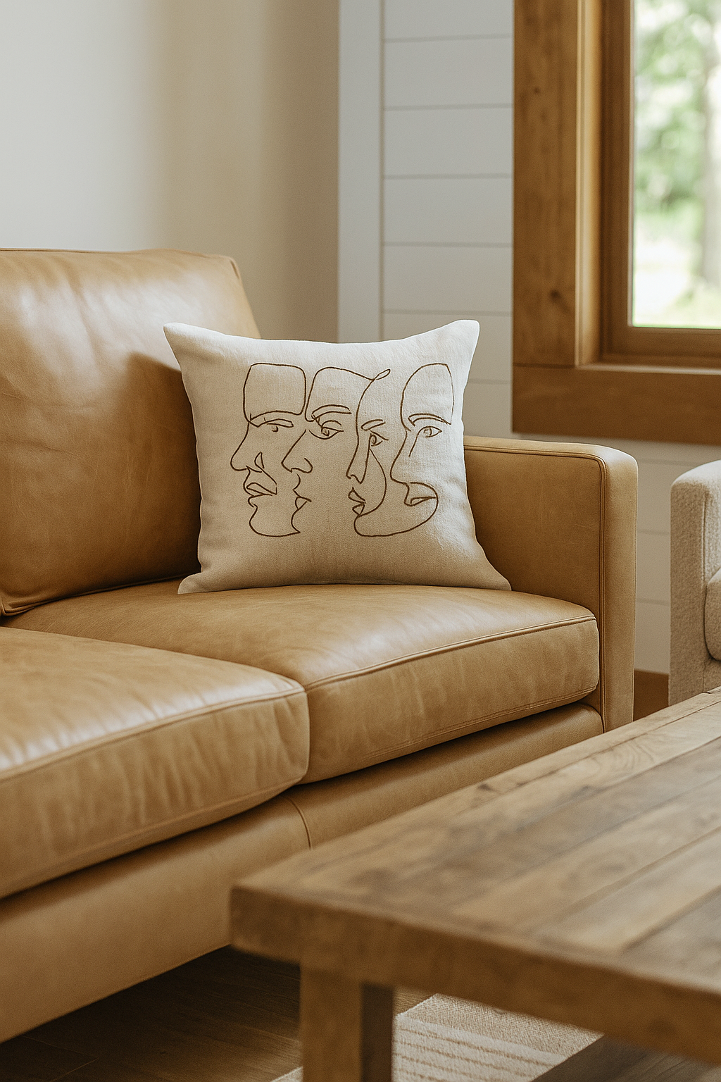 Abstract Face Cowhide Leather Cushion - Handmade Cover
