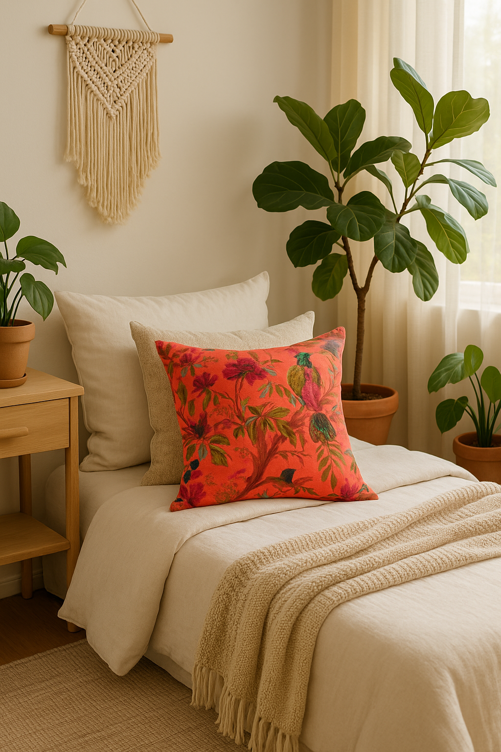 Velvet Cushion with Bird & Floral Print – Orange Velvet