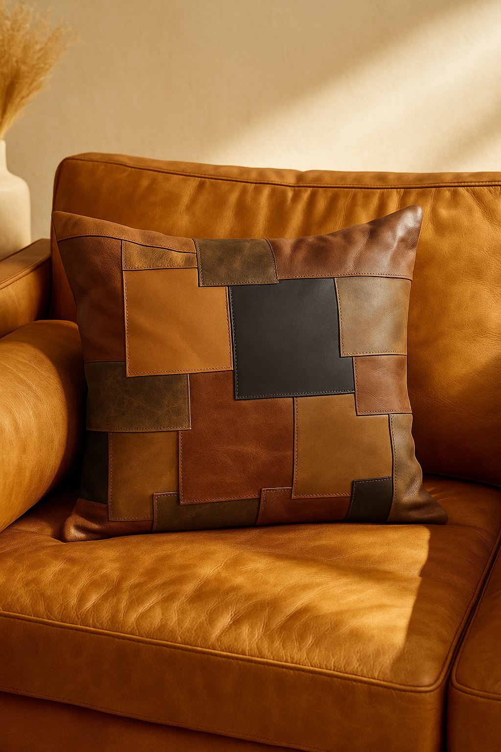 'Vintage Euphoria' 100% Leather Cushion Cover - Patchwork Cushion