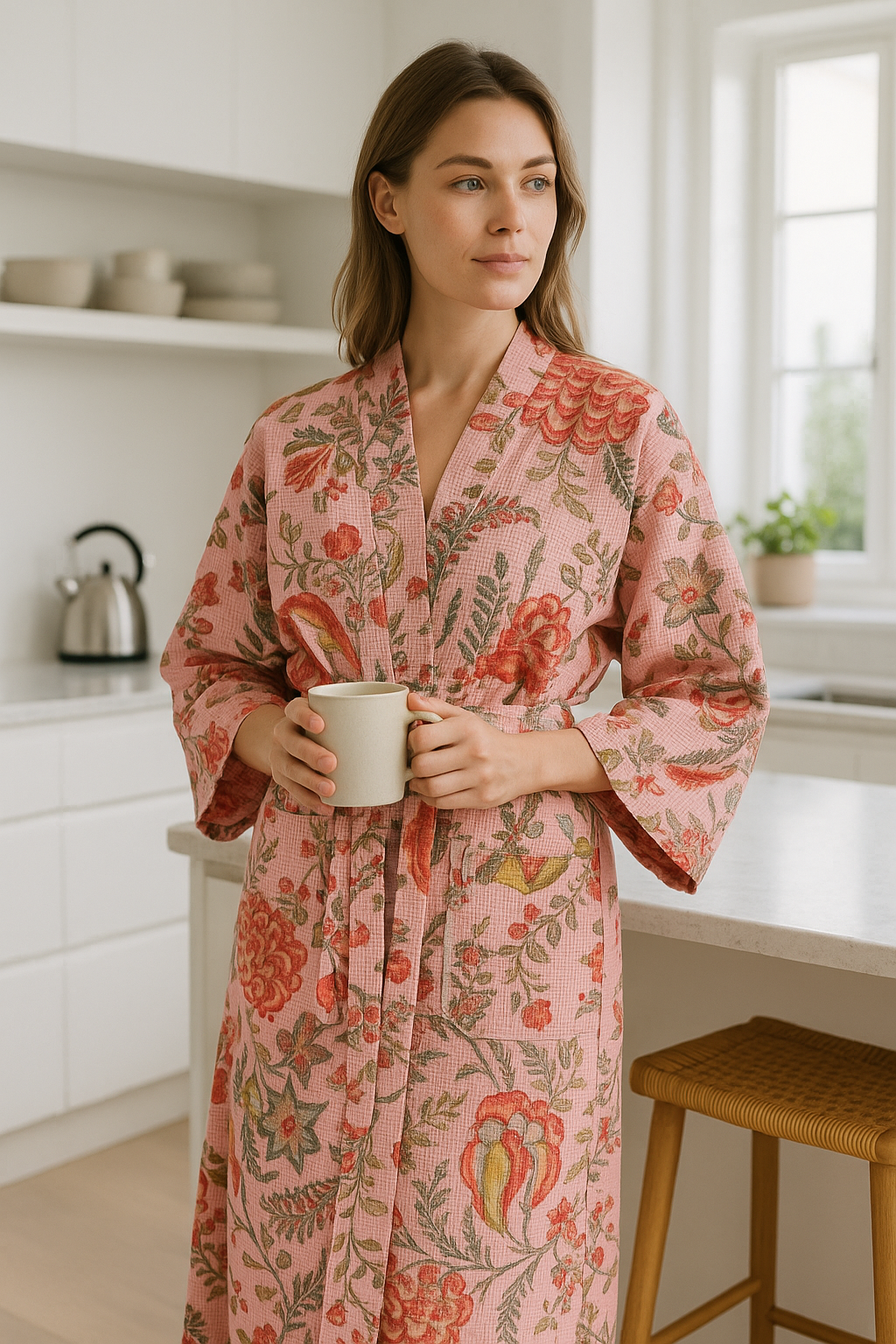 Woman wearing waffle cotton floral kimono robe in pink holding a ceramic mug in kitchen