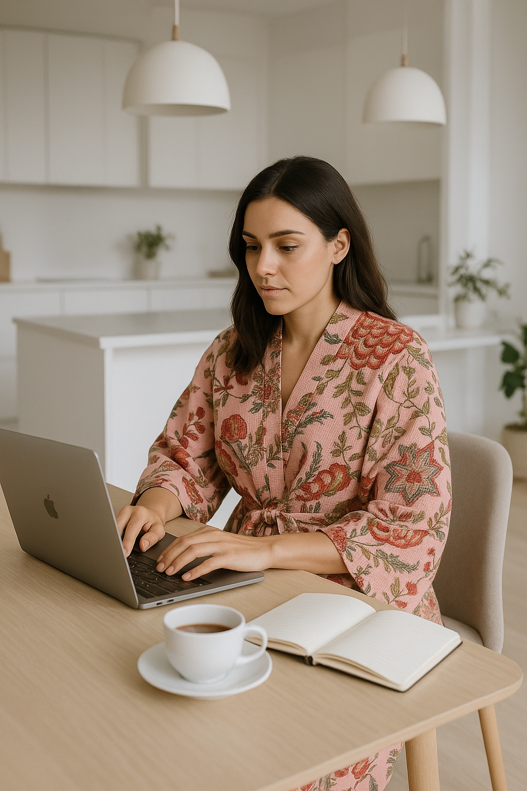 Floral waffle cotton kimono robe worn by woman working on laptop at minimalist dining table