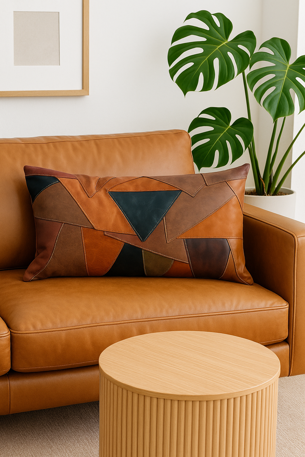 Rustic Geometric Patchwork Leather Lumbar Cushion - Linen Connections